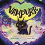 "VAMPURR" in großer Schrift. Eine Illustration zeigt eine schwarze Katze mit großen grünen Augen im Nebel auf einem Friedhof.