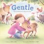 Text: "Gentle: Hope and Healing at an Animal Sanctuary." Illustration eines Kindes, das ein Reh umarmt, umgeben von Tieren.