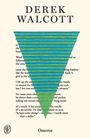 Text: "Derek Walcott" und "Omeros". Illustrierte Umkehrpyramide mit blauen und grünen horizontalen Streifen.