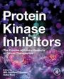 Text: "Protein Kinase Inhibitors: The Promise of Natural Products in Cancer Therapeutics. Edited by Md. Imtaiyaz Hassan, Saba Noor."  
Hintergrund: Abstrakte Molekülstrukturen in Lila- und Pinktönen. Logo „AP“ unten rechts.