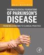 "Pharmacological Foundations of Parkinson's Disease" in Weiß auf Grau. Person in Gelb hält Glas mit beiden Händen.