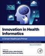 "Innovation in Health Informatics", ein Mann berührt CPU-Grafik. Gemälde im Tech-Stil, medizinische und technologische Symbole.