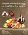 "Science and Technology of Fruit Wine Production, Second edition." Verschiedene Früchte und Flaschen mit Wein auf einem Tisch.