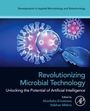 "Revolutionizing Microbial Technology", KI Potenziale, Virenbild, Mikrobe und Hand mit Pipette, blau-lila Farbschema.