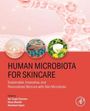 "Human Microbiota for Skincare" steht auf rotem Hintergrund mit drei biologischen Illustrationen und rosa Molekülstruktur.