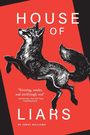 "House of Liars" von Jenny Williams. Ein springender Fuchs auf rotem Hintergrund. Zitat von Mia Fontaine.