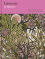Text: "Linocuts A History" und "Ella Ravilious with Gill Saunders". Illustration mit Blumen und Pflanzen in Rosa und Grün.