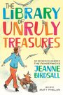 "The Library of Unruly Treasures" in bunten Buchstaben. Junge in blauer Jacke mit Hund, Vögel fliegen umher.