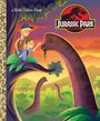 "Jurassic Park" Logo mit Dinosaurier. Zwei Menschen beobachten Dinosaurier in bunter Landschaft.