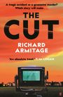 "THE CUT", Richard Armitage, "An absolute treat." T.M. Logan. Kamera zeigt Spiegelung eines Besessenen im Sonnenuntergang vor Häusern.