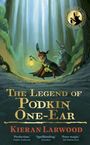 Text: "The Legend of Podkin One-Ear", "Kieran Larwood", "Perfection", "Spellbinding", "Pure magic".  
Illustration eines Kaninchens mit Laterne im Wald.