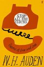 Text: "STOP ALL THE CLOCKS", "Poems of Love and Loss", "W.H. AUDEN". Illustration eines Telefons auf gelbem Hintergrund.