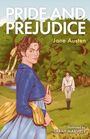 "Pride and Prejudice", "Jane Austen", Illustration. Frau in blau mit gelbem Schal, Mann im Hintergrund, ländliche Szenerie.