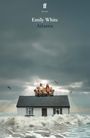 Text: Emily White, Atlantis. Zwei Menschen sitzen auf einem Sofa, das auf dem Dach eines Hauses im Meer steht. Möwen fliegen.