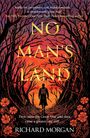 "NO MAN'S LAND" in großen Buchstaben, düstere Bäume, Silhouette eines Mannes, orangefarbener Himmel, rote Blumen.