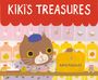 Oben steht "KIKI'S TREASURES", unten "KATE PUGSLEY". Eine Illustration einer Katze mit gelben Augen und bunten Objekten um sie herum.
