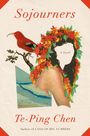 "Sojourners" in Rot, darunter "A Novel". Ein roter Vogel auf einem Ast, ein Kopf mit Blumen umrandet, darunter Wasserlandschaft.