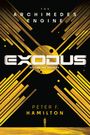 „THE ARCHIMEDES ENGINE“, „EXODUS“, „BECOME THE TRAVELER“, „PETER F. HAMILTON“. Gelbe Linien und Kugeln auf schwarzem Hintergrund.
