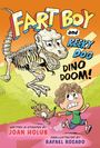 Text: "Fart Boy and Reeky Dog: Dino Doom!" Cartoon: Junge und Hund flüchten vor Dinosaurskelett auf buntem Hintergrund.