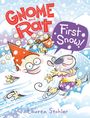 „Gnome and Rat: First Snow!“ ist ein fröhliches, buntes Cover mit Zeichnungen eines Gnoms und einer Ratte auf Schlittschuhen.