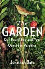 „The GARDEN: Our Four-Thousand-Year Quest for Paradise“ von Jonathan Bate. Illustration eines Vogels auf Stab in üppiger Flora.