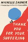 Text: Michelle Zauner, Thank You for Your Suffering. Illustration eines Menschen mit blauem Ball auf roter Fläche.
