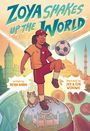 "Zoya Shakes Up the World". Ein Mädchen spielt Fußball, umgeben von architektonischen Motiven und einer Katze.