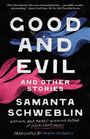 "GOOD AND EVIL AND OTHER STORIES" von Samanta Schweblin. Illustration mit blauen und pinken Pinselstrichen.