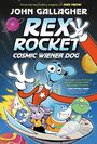 "REX ROCKET COSMIC WIENER DOG" steht in großen Buchstaben und ist umgeben von Comic-Tieren in Raumanzügen.
