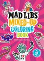 "Mad Libs Mixed-Up Coloring Book", Illustrationen mit Figuren wie Einhorn, Apfel, Ente und Freiheitsstatue auf rosa Hintergrund.