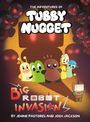 "The Adventures of Tubby Nugget" oben, "Big Robot Invasion" unten. Bunte Cartoon-Figuren umgeben von dunklen Robotern.