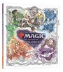 "The Official Magic: The Gathering Coloring Book" in der Mitte, umgeben von fantasievollen Charakteren in verschiedenen Farben.
