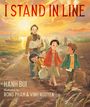 "I Stand in Line." Illustration von Hanh Bui zeigt eine Familie mit Taschen, die einen Weg bei Sonnenuntergang entlanggeht.
