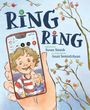 „Ring Ring“ in großen Buchstaben. Ein Kind mit Locken auf einem Smartphone-Display, umgeben von Zweigen und Blättern.