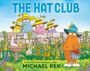 "The Hat Club", Illustration mit bunten, huttragenden Figuren, die über eine Mauer schauen, umgeben von Blumen und Tieren.