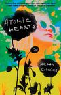 Texte: "Atomic Hearts", "a novel", "Megan Cummins". Illustration mit bunter Frau im Hintergrund und schwarzen Blumen im Vordergrund.