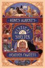 "Agnes Aubert's Mystical Cat Shelter" sowie "Heather Fawcett". Illustration mit vielen Katzen und Büchern in dekorativer Umgebung.
