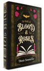 Ein Buchcover mit dem Titel "The Book of Blood & Roses" von Annie Summerlee. Verziert mit Rosen, Kerzen und Fledermausmotiv.