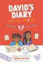 "David’s Diary: Best Buds For Never" in großen Buchstaben. Zwei Kinder schauen genervt auf Papiere. Deko mit Herzen.