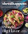 „shredhappens“, „High Protein, Big Flavor“. Tacos mit Fleisch, Avocado, roten Zwiebeln und Granatapfelkernen auf einem Teller.