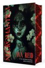 „NECROMANTICA“, „AVA REID“. Dunkles, mystisches Porträt einer Frau mit Spitze und Blumen.