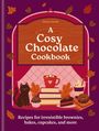 Titel: "A Cosy Chocolate Cookbook". Untertitel: "Recipes for irresistible brownies, bakes, cupcakes, and more". Illustration zeigt eine Tasse Kakao, Bücher, Katze und Gebäck auf lila Hintergrund.