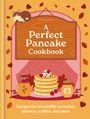 „A Perfect Pancake Cookbook“ von Eloise Goode. Illustration: Pfannkuchenstapel, Kanne, Honigglas, Katze und Blätter.