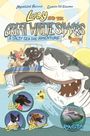 "Lucy and the Great White Sharks: A Salty Sea Dog Adventure." Drei Hunde und ein großer Hai sind fröhlich abgebildet.
