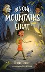 "Beyond the Mountains of Elbat" in großen, geschwungenen Buchstaben. Kind mit Rucksack, Tier und Pflanzen.