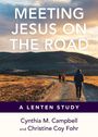 "MEETING JESUS ON THE ROAD" in Weiß. Sonnenuntergang über Landschaft, Personen gehen einen unbefestigten Weg entlang.