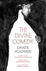Text: „THE DIVINE COMEDY, DANTE ALIGHIERI“. Illustration: Mensch mit kantigem Gesicht, hält Mantel in schattierter Umgebung.