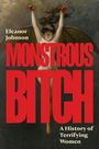 Große rote Schrift: "MONSTROUS BITCH". Gemälde: Frau mit Flügeln und gelben Augen, dunkler Hintergrund.