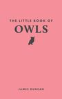Text: "The Little Book of Owls" und "James Duncan". Silhouette einer kleinen Eule auf rosa Hintergrund.