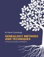 Text: "Dr Karen Cummings, GENEALOGY METHODS AND TECHNIQUES, A Practical Guide to Research." Illustration: Weißer Baum auf blauem Hintergrund.